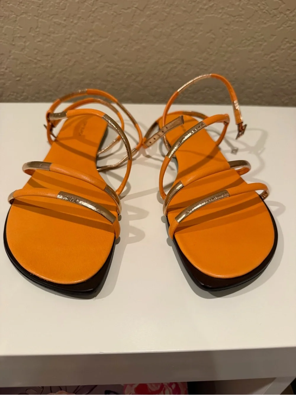 Tory Burch Orange and Gold Strappy Flat Sandals